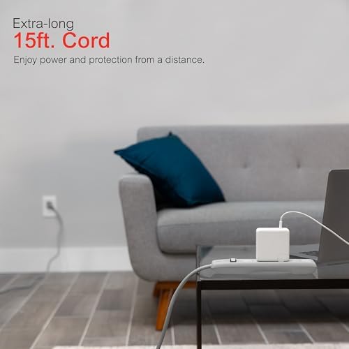 GE Surge Protector Power Strip, 15 Ft Extension Cord, 6 Outlet Extender, 800 Joules, Flat Plug, Twist-to-Close Safety Covers, UL Listed, Gray, 62457 - Image 4