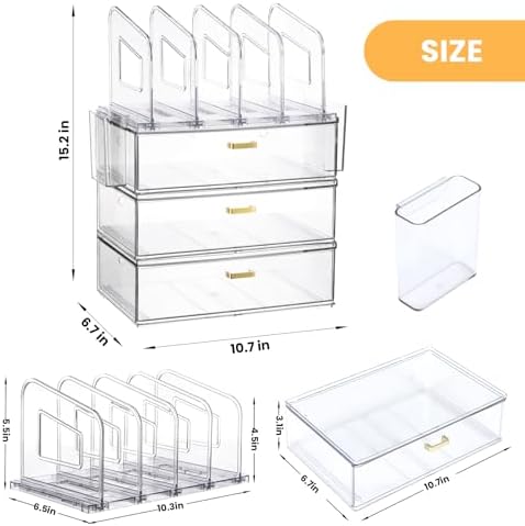 LALOBLUE Acrylic Desk Organizer with 4-Vertical File Holder Rack, 3-Clear Drawer and 2 Pen Holders, Desktop Storage for Office Desk Accessories School Classroom Organization (Clear) - Image 2