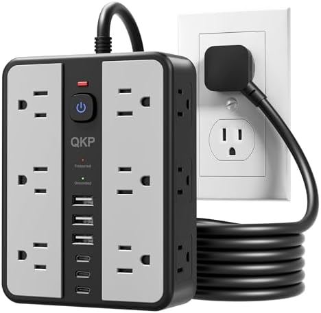 12-Outlet Power Strip with 2400J Surge Protector, 6 USB(3 USB C) &20FT Cord by QKP