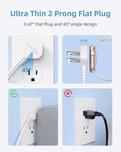 Flat Plug Extension Cord 6Ft White - 2-Prong Power Strip with 3 Polarized Outlets & Tamper Guard, 16/2 AWG 13A/1625W - Image 3