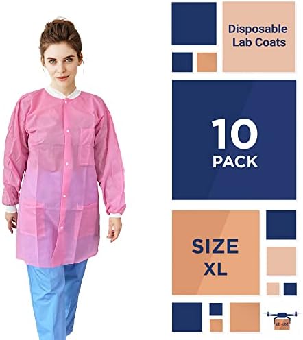 EZGOODZ Disposable Lab Coats for Adults, X-Large Pink, 45 GSM Polypropylene, Unisex Lab Coat with Snap Front, Knit Cuffs and Collar, 3 Pockets, Pack of 10 - Image 2