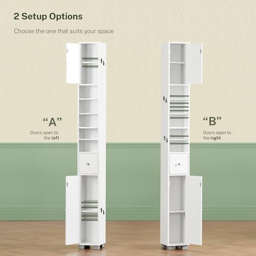 TEENFON Bathroom Cabinet, Narrow Bathroom Storage Cabinet with 5 Adjustable Shelves & Drawer, Freestanding Cupboard for Small Spaces, White - Image 4
