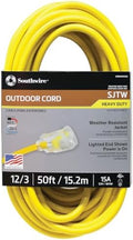 Southwire Outdoor Extension Cord – Durable Vinyl Jacket for For Farm, Ranch & Workshop - Lighted End With Reinforced Blades - SJTW, Yellow - 12 Gauge, 3 Prong - 50 Feet by Southwire
