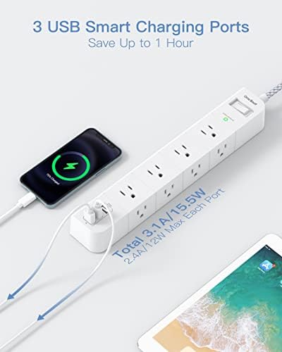 One Beat 10 ft Extension Cord,Power Strip Surge Protector,Flat Plug, White - Image 5
