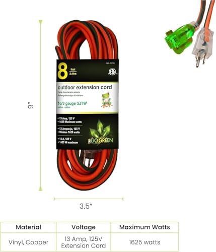 GoGreen Power Inc. (G-13708-2) 16/3 8' Heavy Duty Extension Cord - Orange, 8ft, 2 Pack - Image 2