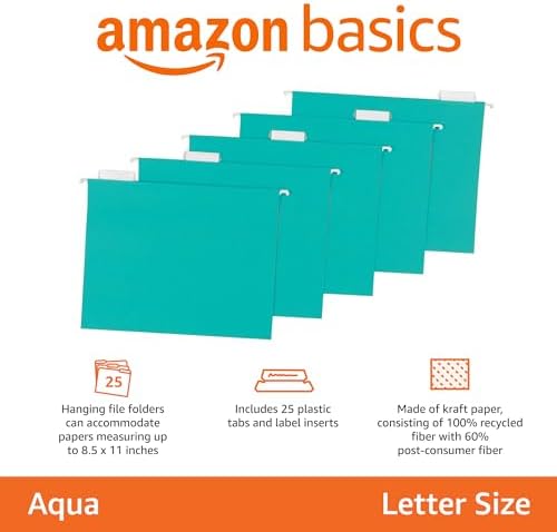 Amazon Basics Hanging File Folders with Adjustable Tabs for Document Organization, Letter Size, Aqua, 25-Pack - Image 2