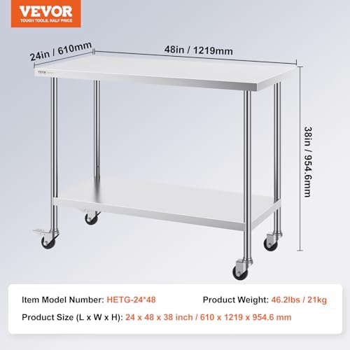 VEVOR Stainless Steel Work Table 24 x 48 x 38 Inch, with 4 Wheels, 3 Adjustable Height Levels, Heavy Duty Food Prep Worktable for Commercial Kitchen Restaurant, Silver - Image 3
