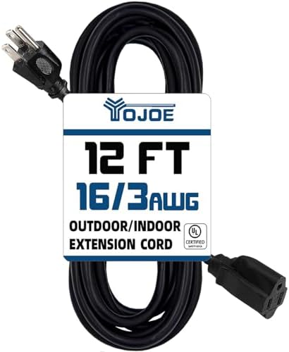 YOJOE Indoor Outdoor Extension Cord, 3 Prong 13A Weatherproof Power Cord, 16 Gauge Heavy Duty 12 ft Black Extension Cord for Garage, Garden and Home, 16/3 SJTW UL Certified by YOJOE