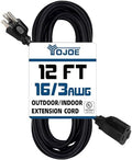 YOJOE Indoor Outdoor Extension Cord, 3 Prong 13A Weatherproof Power Cord, 16 Gauge Heavy Duty 12 ft Black Extension Cord for Garage, Garden and Home, 16/3 SJTW UL Certified by YOJOE
