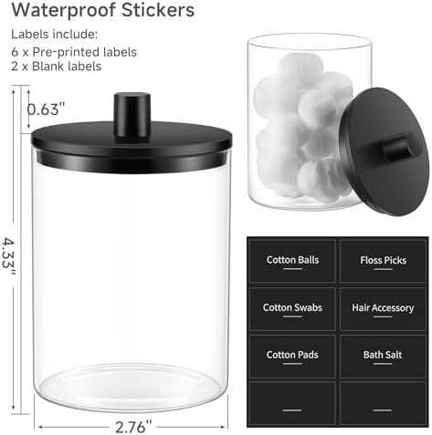 TIPGO Glass Qtip Holder Dispenser - 10 oz Clear Canister Apothecary Jar, Bathroom Vanity Storage Organizer Set for Cotton Swabs, Pads, Floss Picks, Small Containers for Makeup Storage (4 Pack, Black) - Image 3