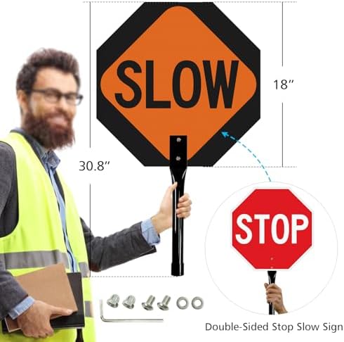 GicnKeuz 1 Pack Stop Slow Sign with Metal Handle, 18x18 inches Double Sided Slow/Stop sign, Traffic Reflective Aluminum Sign, Fade Resistant/Waterproof, Easy to Mount (Red & Orange) - Image 2