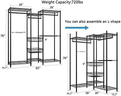 Xiofio 6 Tiers Heavy Duty Clothes Rack with Hanging Rods,Metal Garment Rack,Adjustable Shelves & 2 Slid Storage Baskets,65.0" L x 15.7" W x 76.0" H,Max Load 800LBS,Black - Image 4