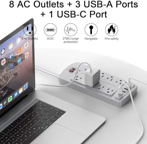 Surge Protector Power Strip - Nuetsa Flat Plug Extension Cord with 8 Outlets and 4 USB Ports, 10 Feet Power Cord, 2700 Joules, ETL Listed, Grey - Image 2