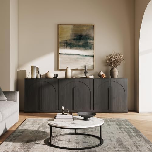 BELLEZE Bijou Modular Media Console Wall Unit (94.5" Wide)-Extra Long Entertainment Center & Storage System-Arched Door Sideboard for Living Room -Hides All Clutter, Ebony - Image 5