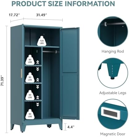 Baborokic 71" Armoire Wardrobe Closet with Hanging Rod,Metal Wardrobe Cabinet with Adjustable Shelves and Doors,Farmhouse Office Cabinets for Bedroom,Office,Laundry,Employee(Blue) - Image 2