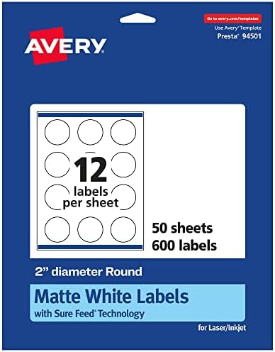 Avery® Matte White Round Labels, Sure Feed® Technology, 2" Diameter, 600 Matte White Printable Labels by Avery