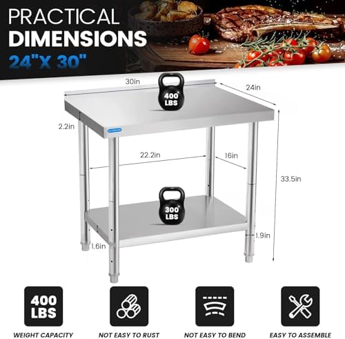 KUARBARR Stainless Steel Table for Prep & Work with Backsplash 24 x 30 Inches NSF Metal Commercial Kitchen Adjustable Under Shelf Worktable for Restaurant Home Outdoor - Image 2