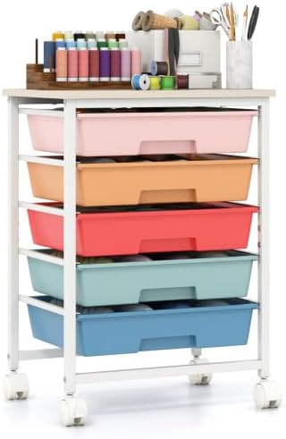 Giantex 5 Drawers Rolling Cart with Wheels, Wood Top, Sturdy Frame by Giantex