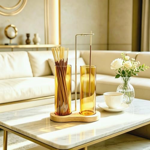 Yellow Glass Incense Holder, Incense Sticks Burner Holder with Storage,Hang Upside Down Incense Holder for Sticks with Glass Ash Catcher for Meditation Yoga Spa Room Decor (Yellow) - Image 3