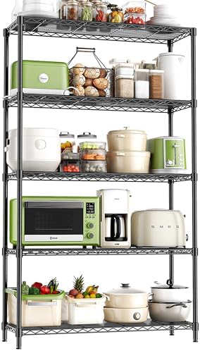 5-Tier Storage Shelves 72" H Wire Shelving, Adjustable Metal Shelving Pantry Shelves, 1325LBS Heavy Duty Rack with Shelf Liners for Garage Commercial Kitchen, 36" W x 14" D x 72" H, Black by RackBro