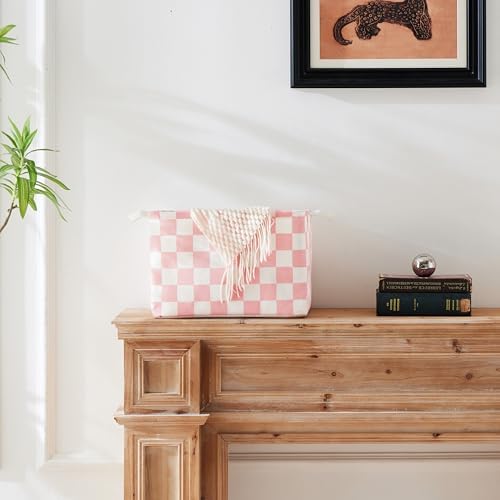 Ohocut Pink White Checkered Canvas Basket, Rectangular Organizing Decorative Storage Basket for Kids Dog Toy, Cute Aesthetic Race Cars Boy Room Decor for Home, Kitchen, Bedroom, Classroom, Shelves - Image 2