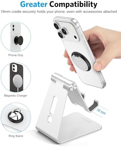 OMOTON C2 Adjustable Aluminum Cell Phone Stand with Charging Cutout, Silver - Image 5