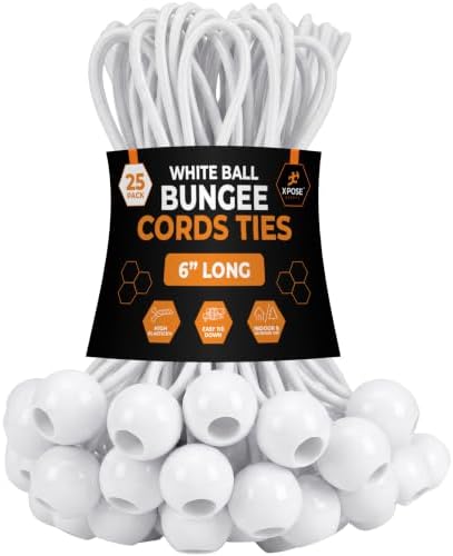 Xpose Safety Bungee Ball Cords 6" 25 Pack Heavy Duty White Stretch Rope with Ball Ties for Canopies, Tarps, Walls, Cable Organization by XposeSafety