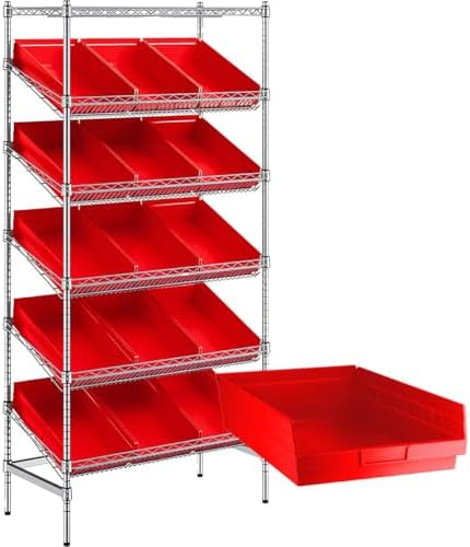 18" x 36" x 74" Heavy-Duty Commercial Chrome Shelving Unit with 15 Red Storage Bins - Metal Wire Utility Shelf for Tool, Office, Garage, and Warehouse Organization - Durable Storage Cabinet by Zedfire