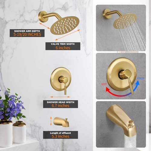 Tub Shower Faucet Set (Valve Included) with 6-Inch Rain Shower Head and Tub Spout Single-Handle Tub and Shower Trim Kit Brushed Gold - Image 3