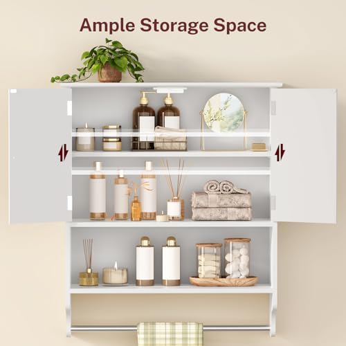 Iwell Bathroom Wall Cabinet, Over The Toilet Storage Cabinet with Towel Rack & Adjustable Shelf, Medicine Cabinet for Bathroom, White - Image 5