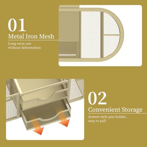SUPEASY Mesh Desk Organizer, Pen Holder for Desk with 2 Drawers, Yellow - Image 5