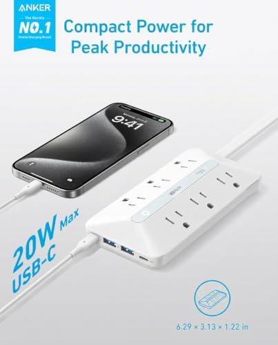 Anker Power Strip with 300J Surge Protector, 10ft Outlet Extender, 20W, 6AC - Image 2