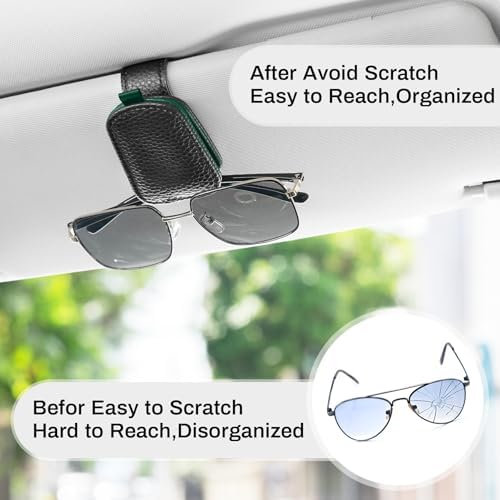 SINGARO Sunglasses Holder for Car, Leather Magnetic Buckle Sun Visor Sunglass Clip, Ticket Card Storage Glasses Clip, Car Interior Accessories for Men and Women（2PCS Black-Green） - Image 6