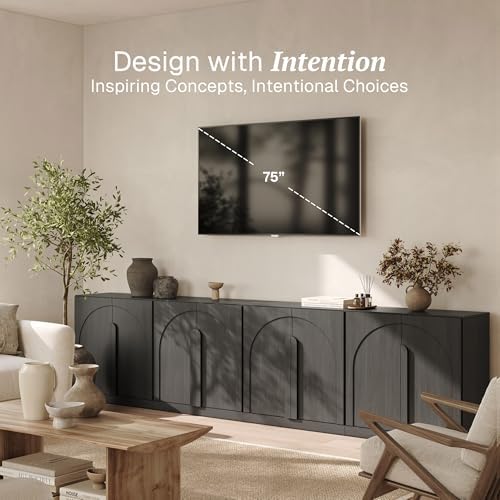 BELLEZE Bijou Set of 4 Wall-to-Wall Sideboard Buffet Cabinets (126" Wide) - Grand Sideboard System w/8 Arched Doors - Massive Entertainment Center & Display Console for Living Room, Ebony - Image 3