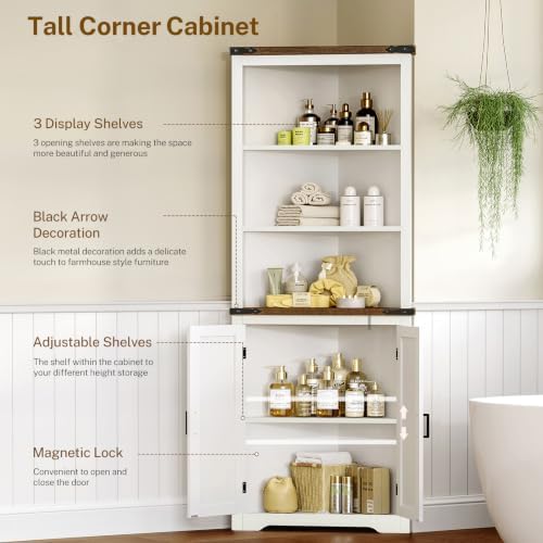 TEENFON Farmhouse Corner Cabinet, 70" H Tall Corner Hutch with 5 Shelves & 2 Barn Doors, Bathroom Cabinet with Adjustable Shelf, for Living Room, Kitchen, Bathroom, White - Image 6