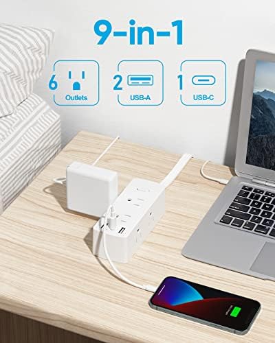Olcorife Flat Plug Power Strip with 10 FT Extension Cord, 6 Outlets 3 USB Ports(1 USB C), 3 Sided Outlet Extender for Home Office Travel Dorm Room Essentials, White - Image 2