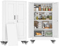 47" Metal Garage Storage Locker Cabinet with Wheels,Rolling White Kitchen Pantry Cabinet with 2 Doors and 3 Adjustable Shelves, Steel File Tool Cabinet for Home Office Living Dinning Room Warehouse by BAOLIWO