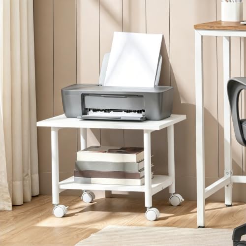 HOOBRO Printer Stand, 2-Tier Industrial Under Desk Printer Cart with Shelf, Mobile Heavy Duty Storage Rack on Wheels for Home, Office, White WW02PS01G1 - Image 3