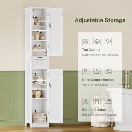 TEENFON 67 Tall Bathroom Cabinet with 6 Shelves & 1 Drawer, Narrow Storage Cabinet with Adjustable Shelves, Silm Cabinet for Living Room, Kitchen, White - Image 6