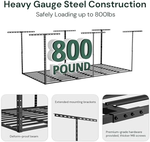 SunsGrove 4x6 Garage Storage Overhead Rack Organization, Adjustable Ceiling Mounted Storage Racks, 800LBS Weight Capacity, 22"-40" Ceiling Dropdown, 2 Pcs, Hammertone Black - Image 2
