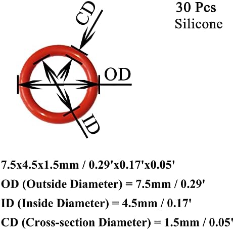 [30 Pcs] Silicone O-Rings Red 7.5mm OD 4.5mm ID 1.5 mm Width, Metric VMQ Sealing Gasket for Cup Lids, Coffee Maker, Brewing Fitting, Washer, Filter, Pump, Plumbing, Hose, Gauge, Auto, Machine - Image 2