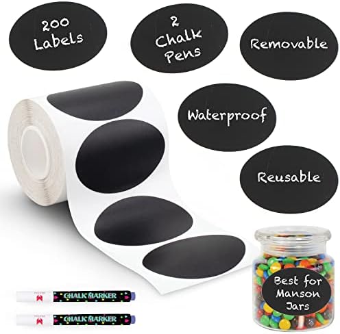 Mantah Oval Chalkboard Labels 200pcs with 2 White Chalk Marker, Reusable Waterproof Chalk Label for Storage Bin, Labels for Food Container, Label for Jars, Containers by Mantah