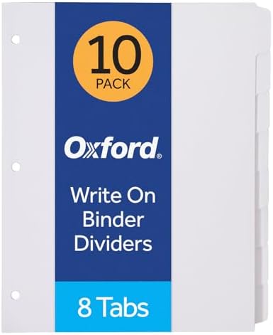 Oxford Binder Dividers for 3 Ring Binders, 10 Pack, 8-Tab Dividers, Write On Tabs, White Paper, 80 Total by Oxford