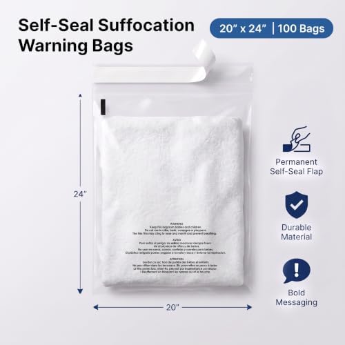 20" X 24" (100 Count) Self-Seal Clear Poly Bags With Suffocation Warning - Image 2
