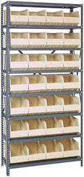 Quantum 2475-483IV Heavy Duty Shelving Unit with (8) Shelves and (28) SSB483 Ivory Bins for Industrial Warehouse Storage Distribution | 400 lbs Capacity | 24"D x 36"L x 75"H, Galvanized Carbon Steel by QuantumStorageSystems