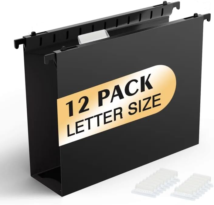 Shutex Extra Capacity Plastic Hanging File Folders,12 Pack Reinforced Hang Folders,Heavy Duty 2 Inch Expansion,Plastic Filing Cabinet Folders,Letter Size,Designed for Bulk Files, Medical Charts,Black by Shutex