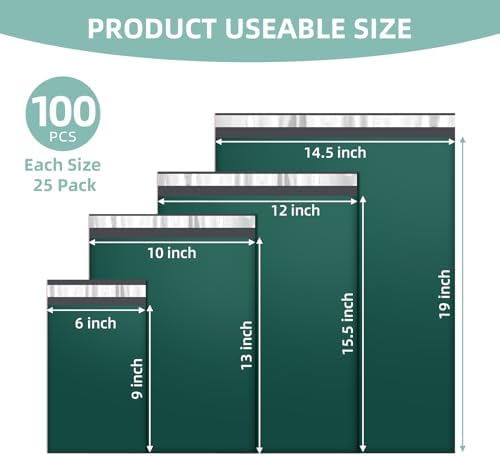 Famagic 100 Pack Green Poly Mailers Variety Pack, 6x9&10x13&12x15.5&14.5x19 - Image 2