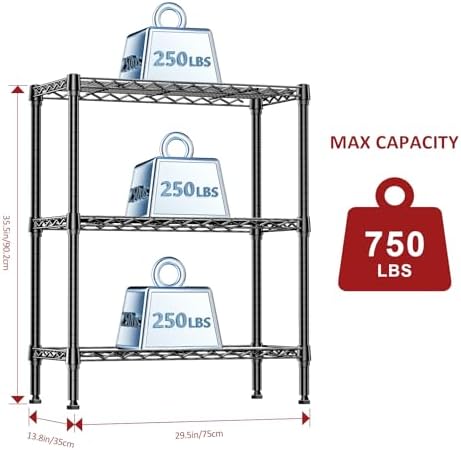 IZEUK 3-Tier Heavy Duty Steel Storage Shelves, Metal Shelf Wire Shelving Rack for Pantry, Kitchen, Home or Office Organization (29.5" W x 13.8" D x 35.5" H, 750LBS, Black) - Image 3