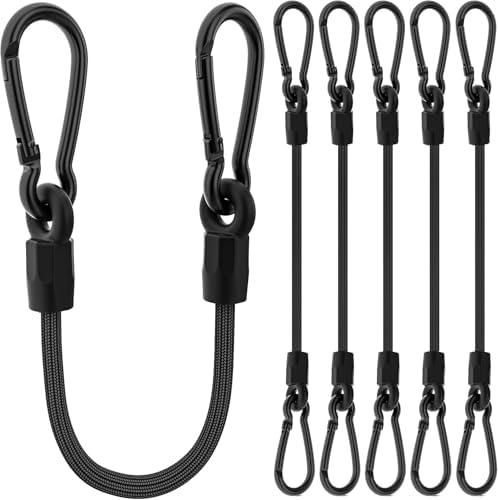 Bungee Cords, 12 inch Black Bungee Cords with Carabiner Hooks for Camping, Heavy Duty Outdoor High Strength Short Strong Elastic Bungee Cord Rope with Clips On Both Ends for Bike Rack Tarps, 6 Pack by Rugtol