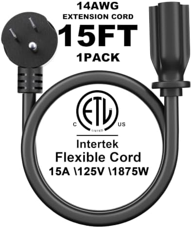 POWGRN 15FT 14/3 Black Flat Plug Extension Cord, Low Profile Indoor - Image 2